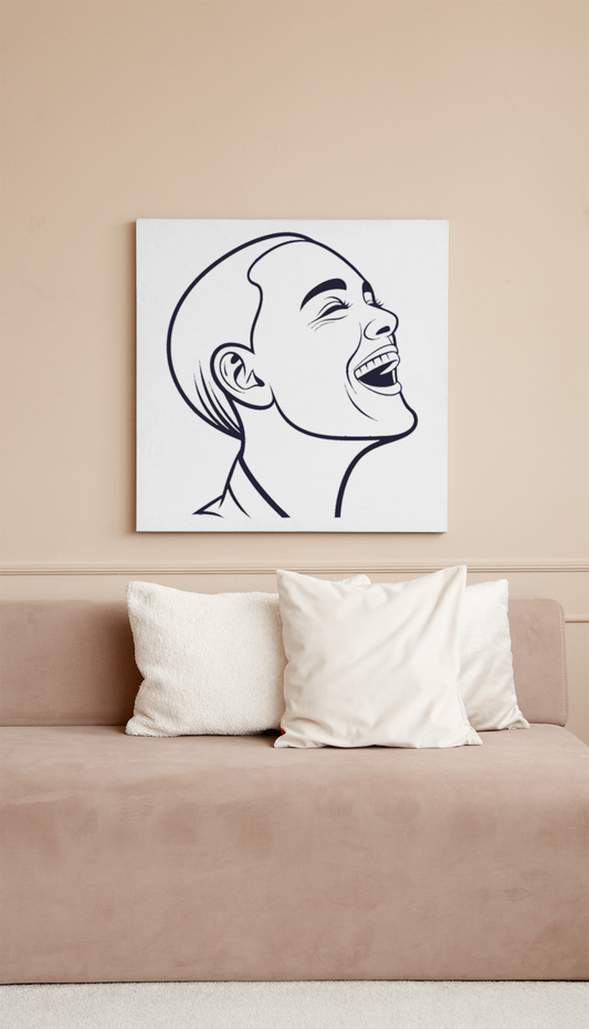 Cadre moderne avec homme souriant, ligne continue, ambiance joyeuse et expressive