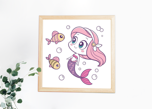 Cadre décoratif joyeux avec une sirène en tons pastel sur fond marin