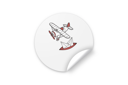 Sticker au style rétro affichant un avion joueur et un bateau en papier dans un design ludique