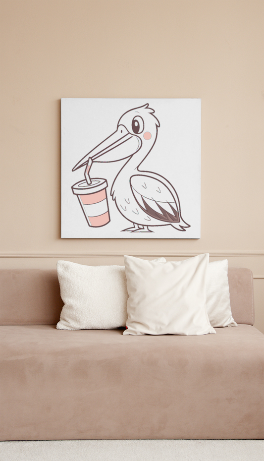 Cadre décoratif avec un pélican tropical buvant un jus dans un style minimaliste