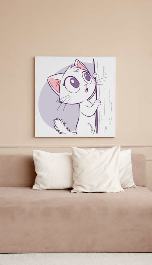 Cadre illustré d'un chat curieux style kawaii dans une ambiance forêt magique