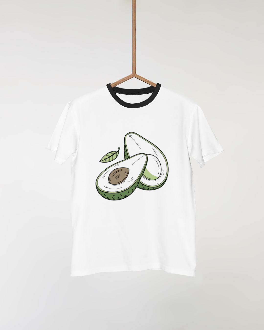 T-shirt moderne affichant un avocat stylisé en motif doodle vert exaltant la vitalité