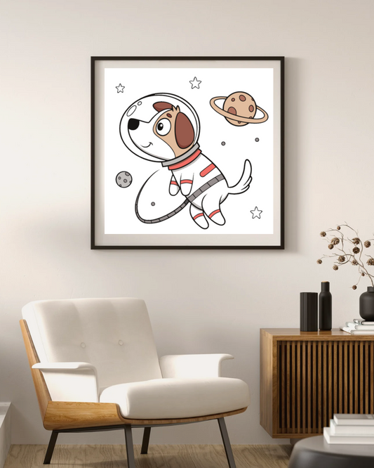 Cadre avec chien astronaute flottant en dessin animé drôle et captivant pour déco