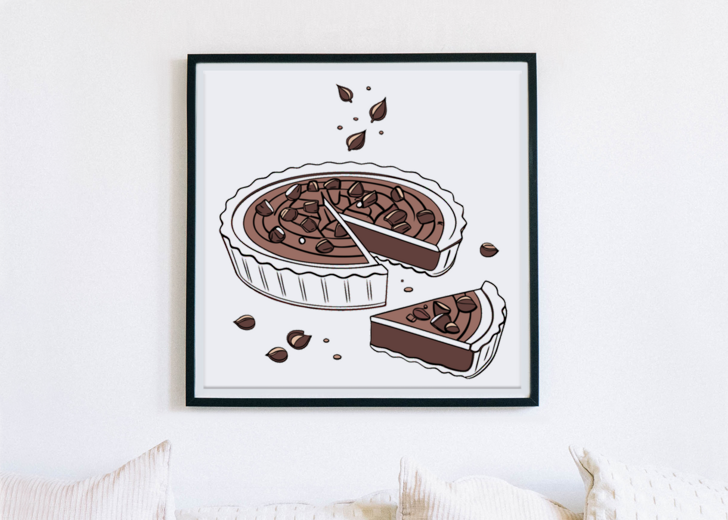 Cadre avec icône appétissante de tarte choco noisette sur fond épuré