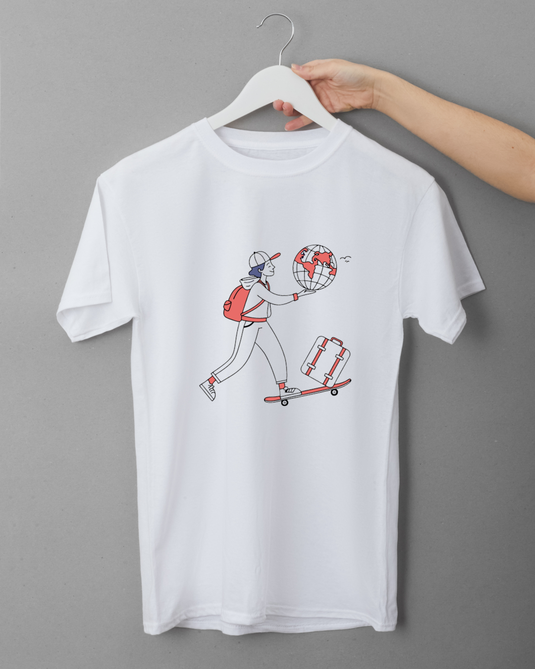T-shirt minimaliste avec voyageur sur skateboard pour des aventures mondiales