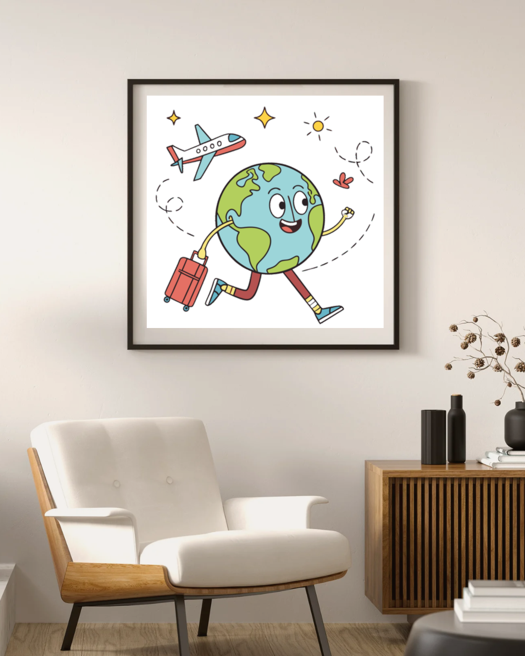 Cadre mural aventure avec globe souriant dans un style dessiné, thème explorateur