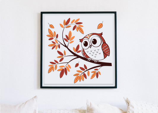 Cadre avec design vintage d'un hibou sur branche dans une scène automnale attrayante