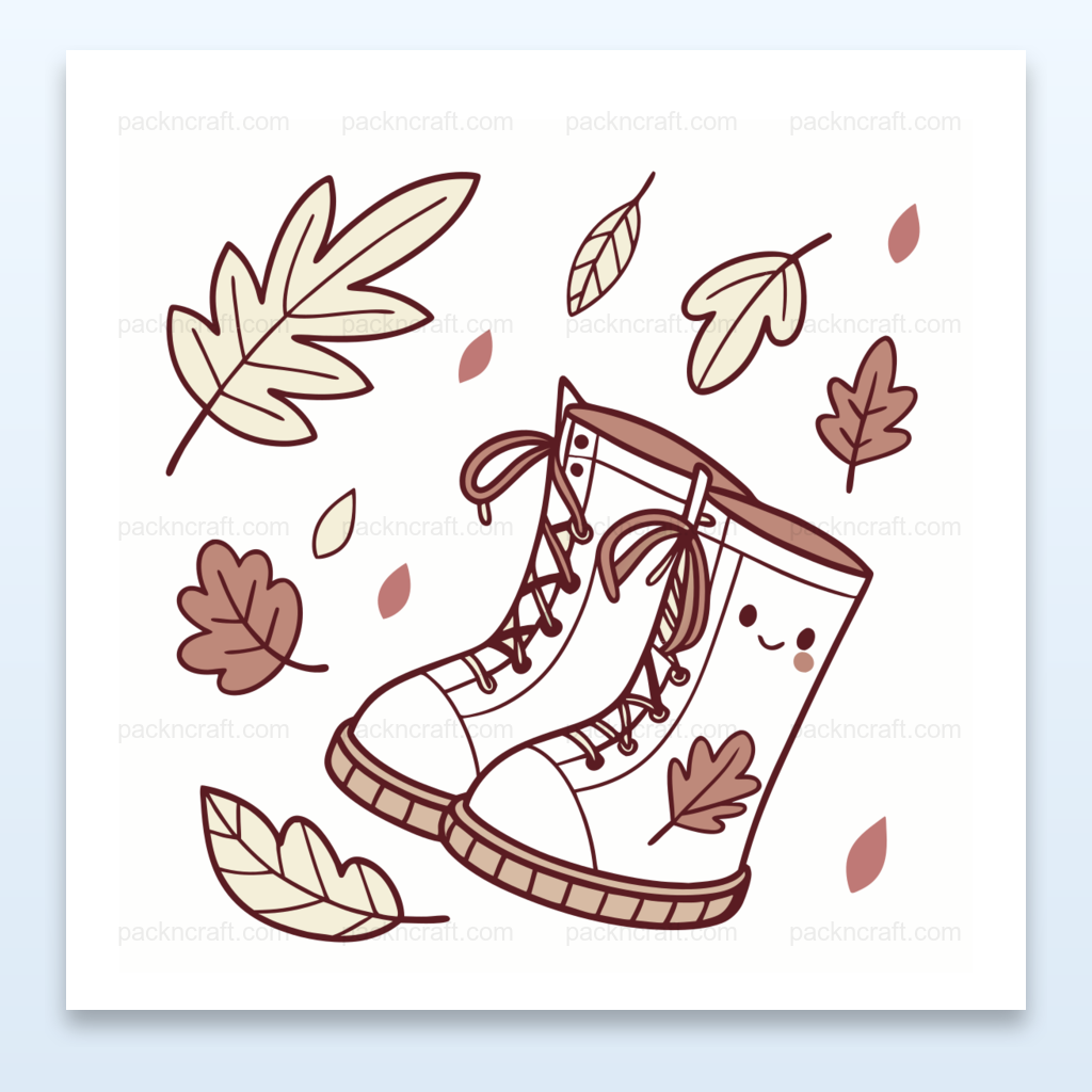 Illustration vintage de bottes animées parmi des feuilles d'automne, idéale pour DIY et décoration.