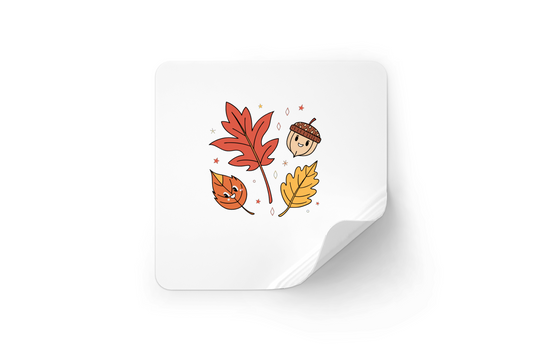 Sticker avec feuilles d'automne joyeuses et gland curieux en style kawaii automnal