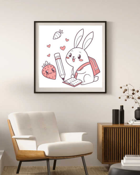 Cadre enfant avec motif pastel de lapin joyeux ambiance scolaire harmonieuse