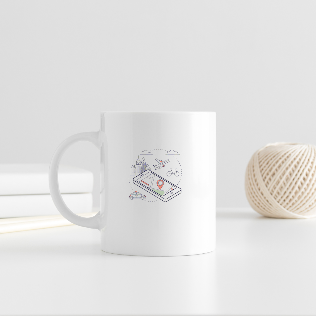 Mug orné d'une icône cartographique linéaire évoquant l'aventure et le voyage