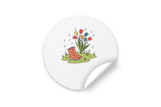 Sticker avec bottes fleuries sous la pluie dans un style coloré et printanier