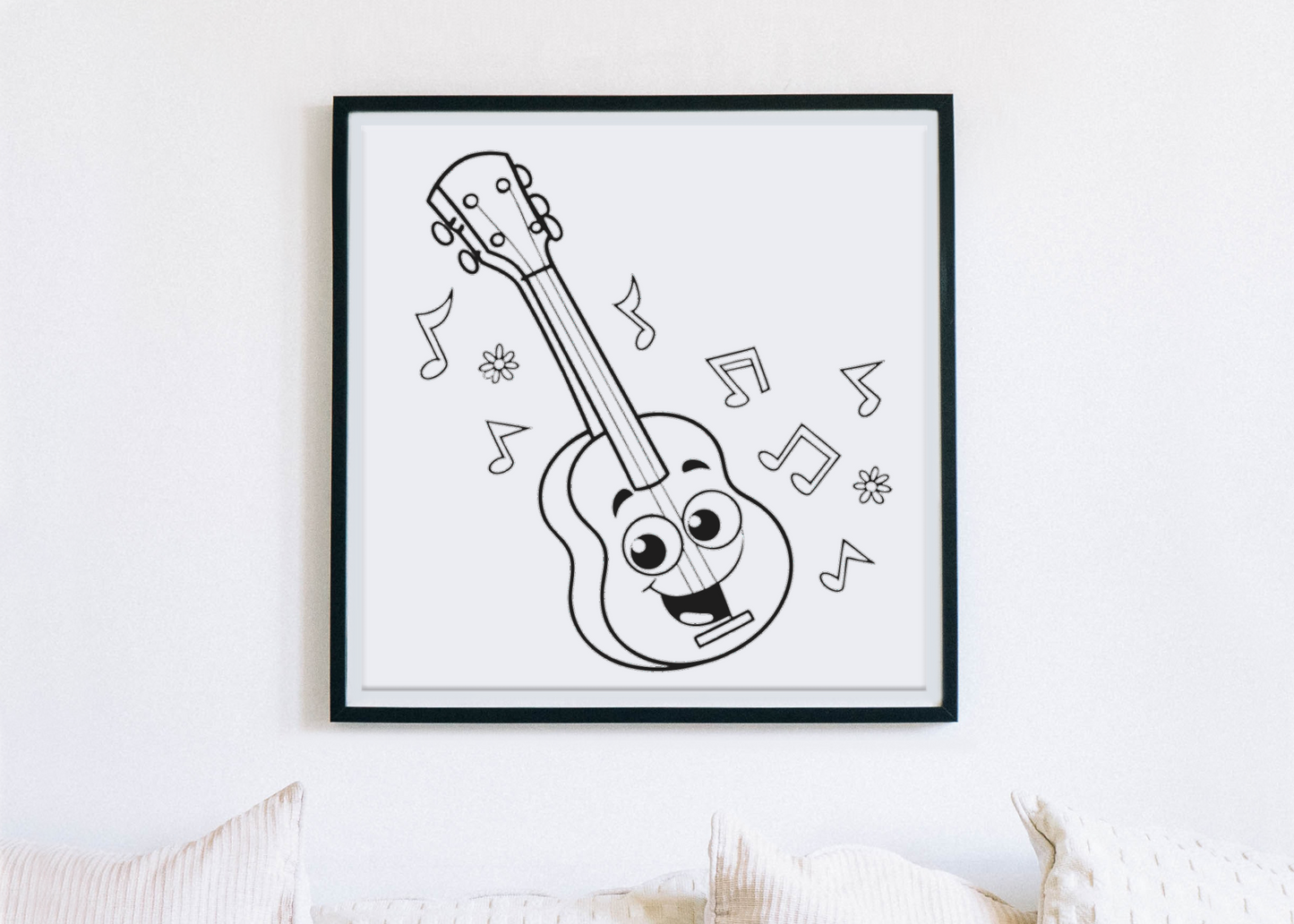 Cadre décoratif avec icône joyeuse de guitare pour une ambiance musicale ludique