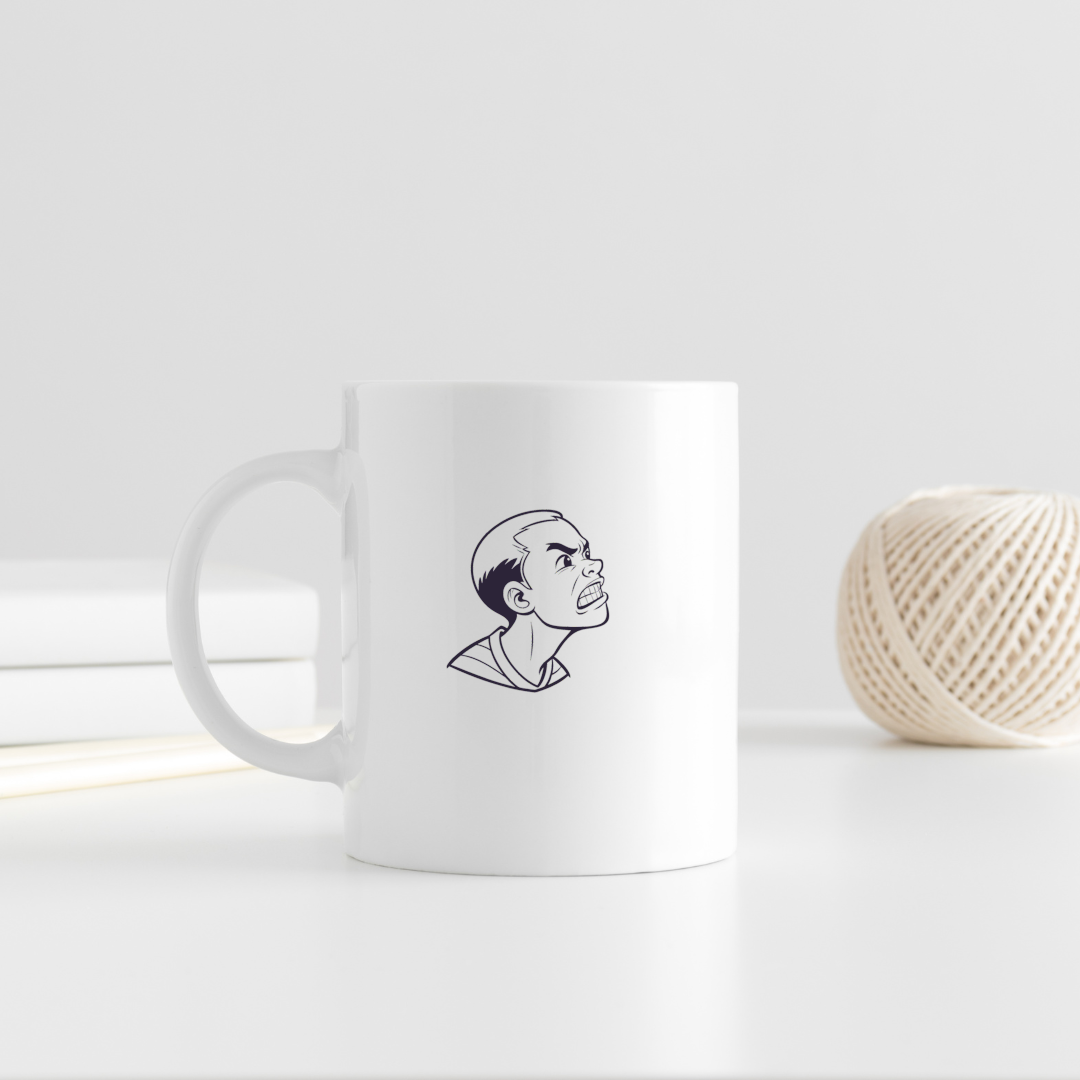 Mug avec visage fâché minimaliste affichant une émotion forte et expressive