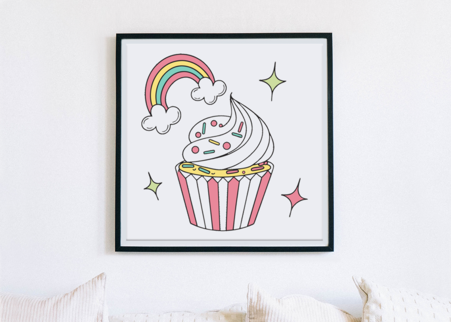 Cadre avec illustration pastelle d'un cupcake joyeux multicolore