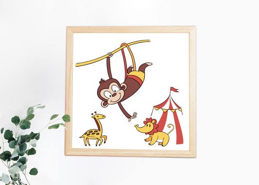 Cadre avec singe acrobatique en équilibre dans un décor de cirque safari vibrant
