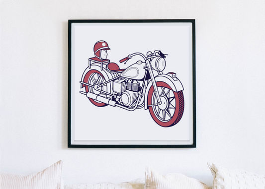 Illustration de moto pompier vintage encadrée, parfaite pour décoration murale.