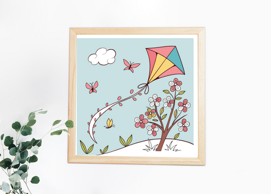 Cadre orné d'un cerf-volant élégant volant au-dessus d'une nature en fleurs