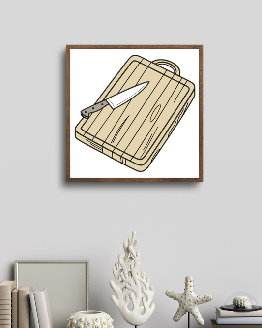 Cadre moderne orné d'une icône doodle de planche et couteau, style cuisine artisanale