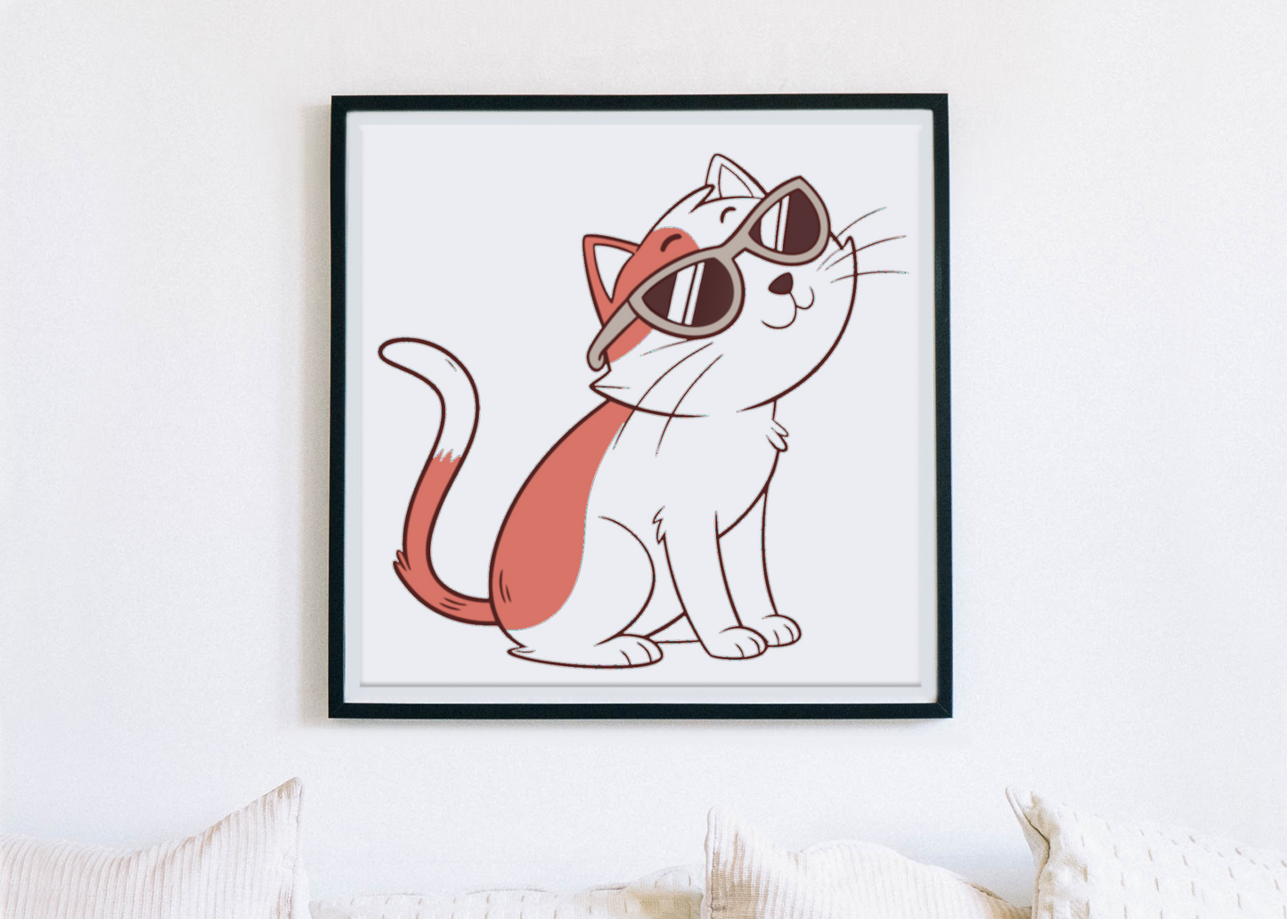 Cadre orné d'un chat stylé portant des lunettes, style cartoon adorable
