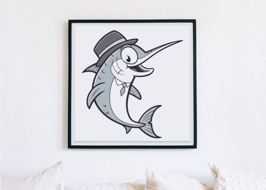 Cadre moderne avec espadon festif chic sur un fond océan, parfait pour déco murale