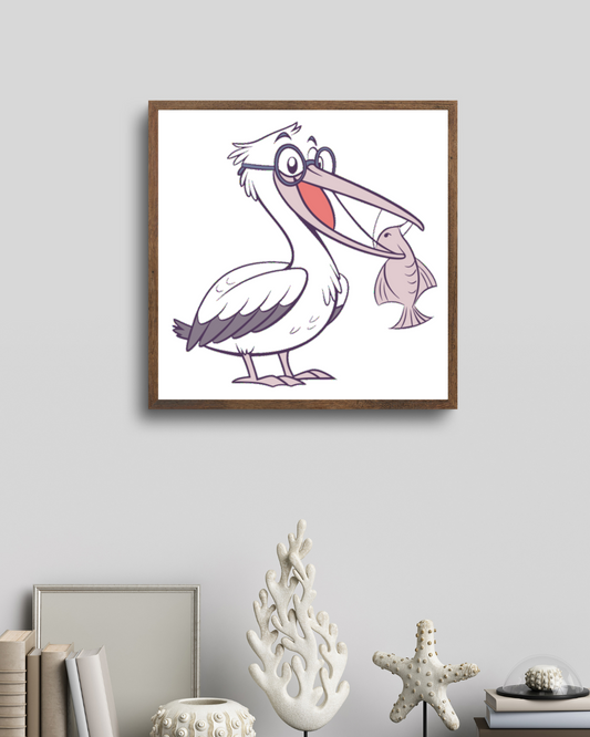 Cadre avec pélican cartoon amusant attrapant un poisson style aventure marine