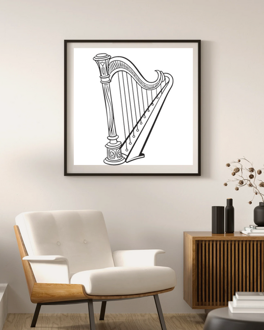 Cadre avec harpe élégante en dessin vectoriel style minimaliste ambiance musicale