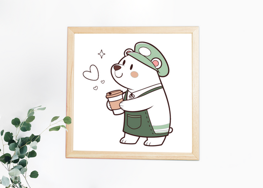 Cadre orné d'un ours barista, illustration adorable et charmante pour les amateurs de café