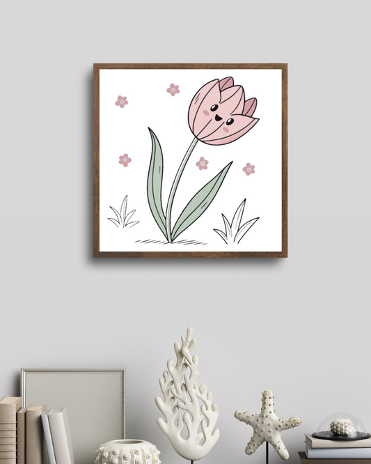 Cadre avec icône tulipe souriante style doodle, ambiance printanière colorée