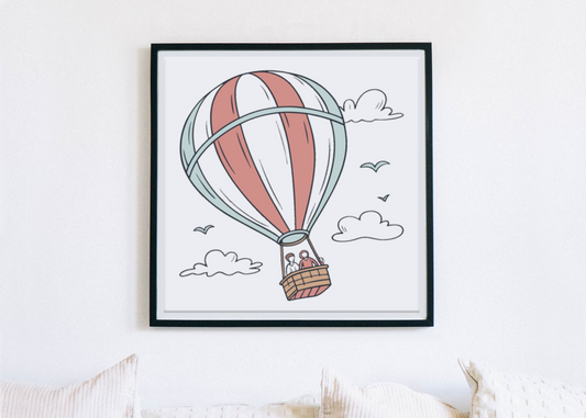Cadre décoratif minimaliste avec image de montgolfière en vol style aventure aérienne