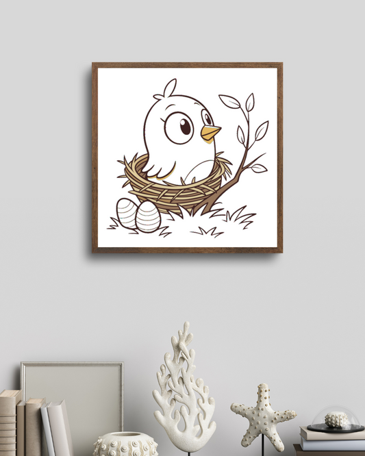 Cadre moderne avec oisillon curieux stylisé niché dans son nid adorablement printemps