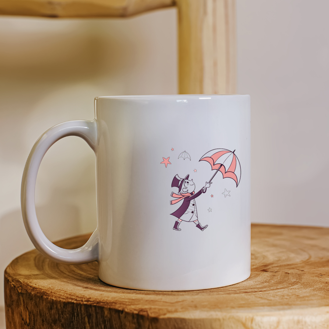 Mug avec design vintage enfantin montrant un garçon élégant souriant sous la pluie