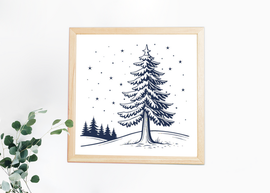 Cadre avec icône sapin enneigé ambiance hivernale et décorative