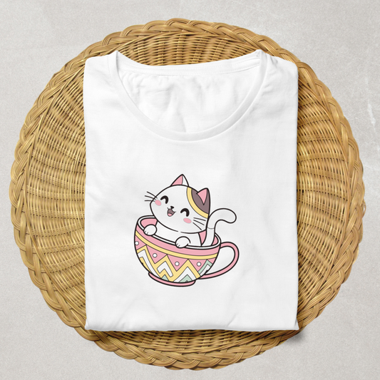 T-shirt avec chat heureux style kawaii sur fond adorable pour les amateurs de kawaii