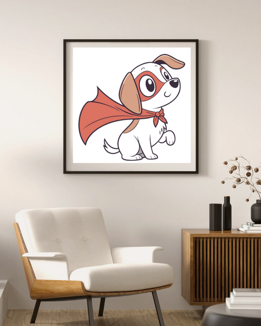 Cadre avec un chiot en cape, décoration kawaii, ambiance jeu d'aventure