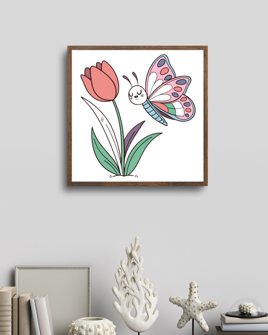 Cadre élégant avec papillon et tulipe dans un style rêveur pour une touche printanière
