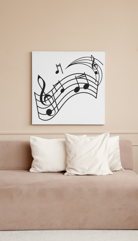 Cadre avec notes musicales vibrantes en style fluide sur fond épuré