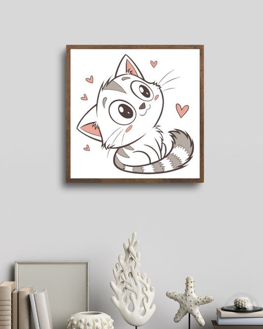Cadre avec chat kawaii heureux entouré de cœurs décoratifs