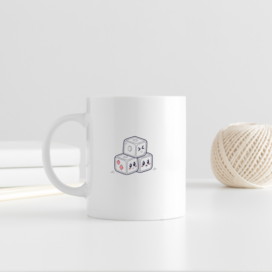 Mug joyeux avec des dés kawaii empilés, ambiance ludique et colorée