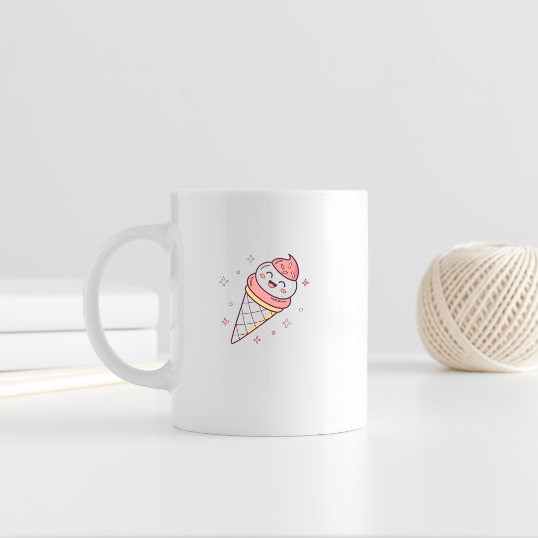 Mug avec une glace souriante kawaii et colorée inspirant l'été et la gourmandise