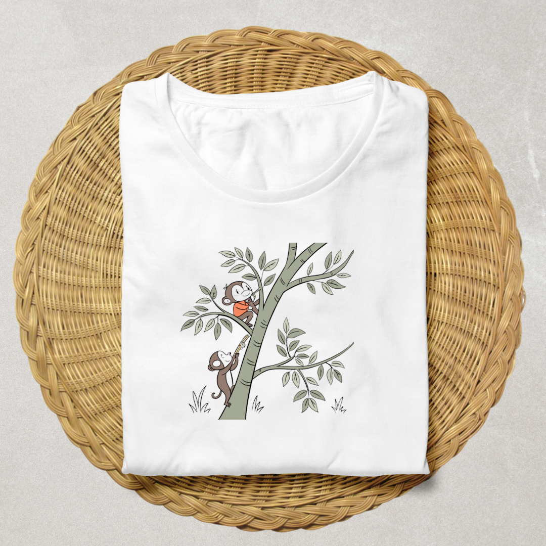 T-shirt avec singe curieux dessiné grimpant dans une ambiance aventure nature