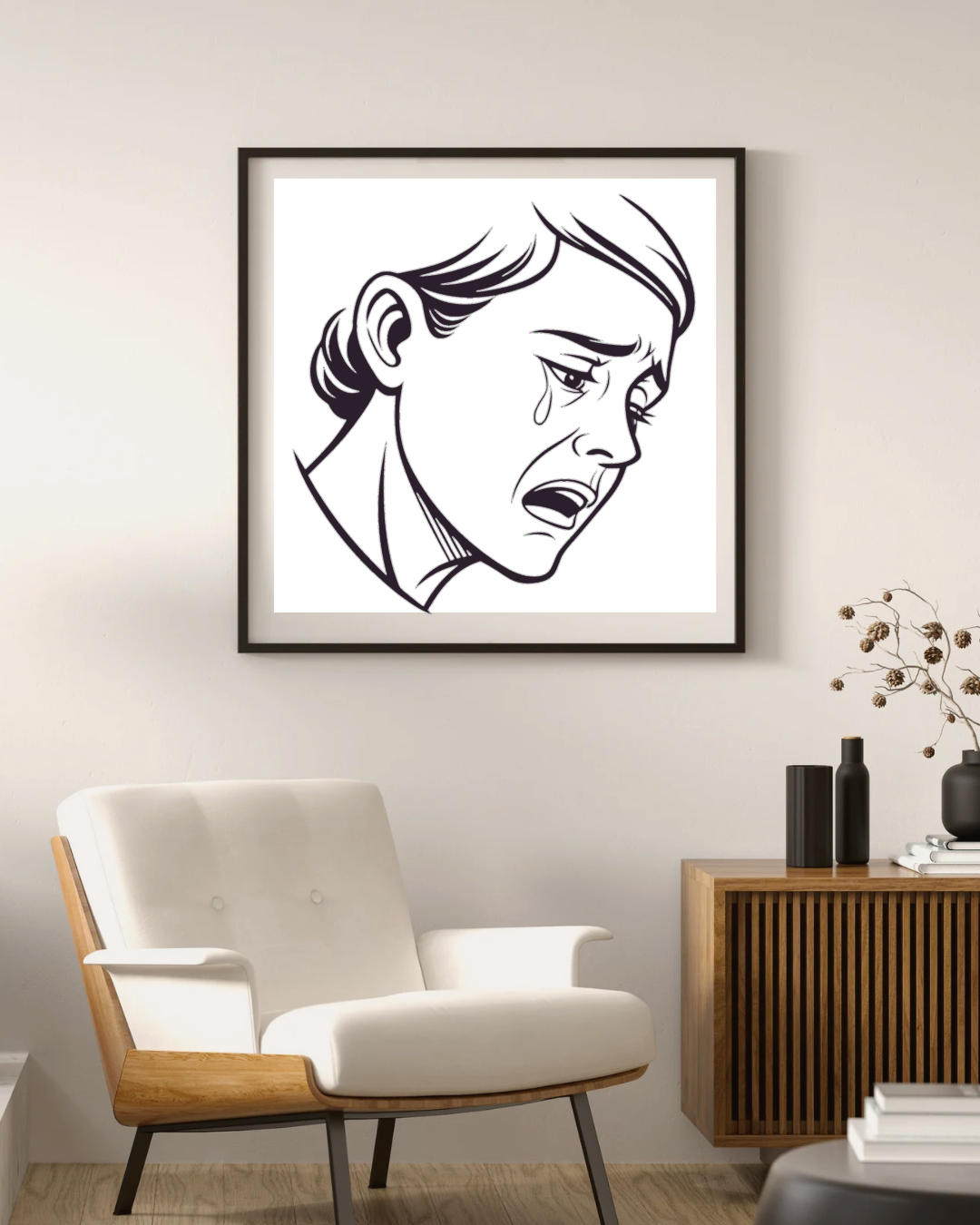 Cadre décoratif avec art expressif d'un visage triste sur fond neutre