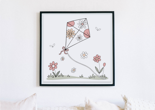 Cadre décoratif avec cerf-volant pastel, ambiance printanière et épanouie