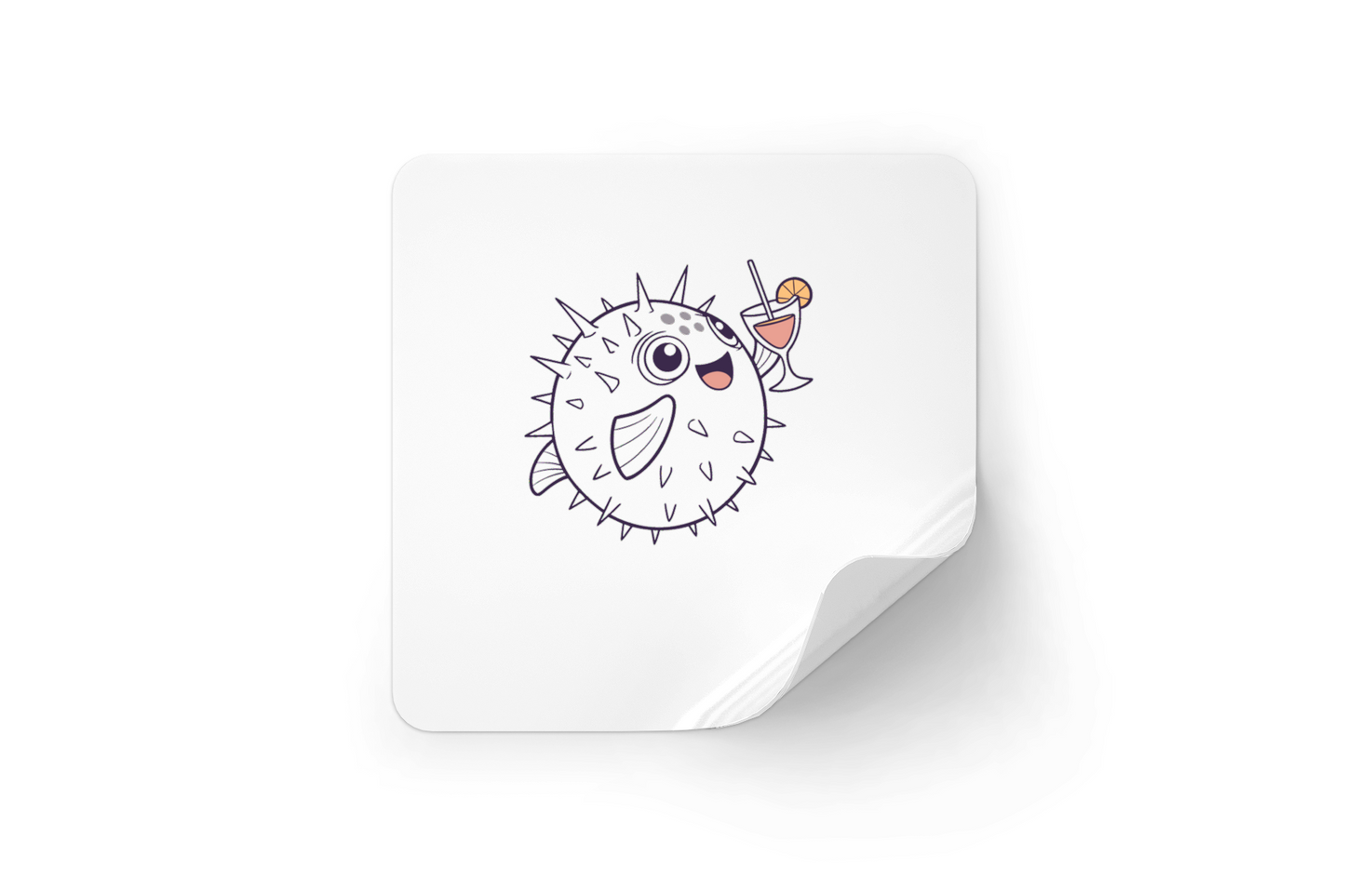 Sticker numérique avec dessin de poisson-globe festif sur fond thème océan