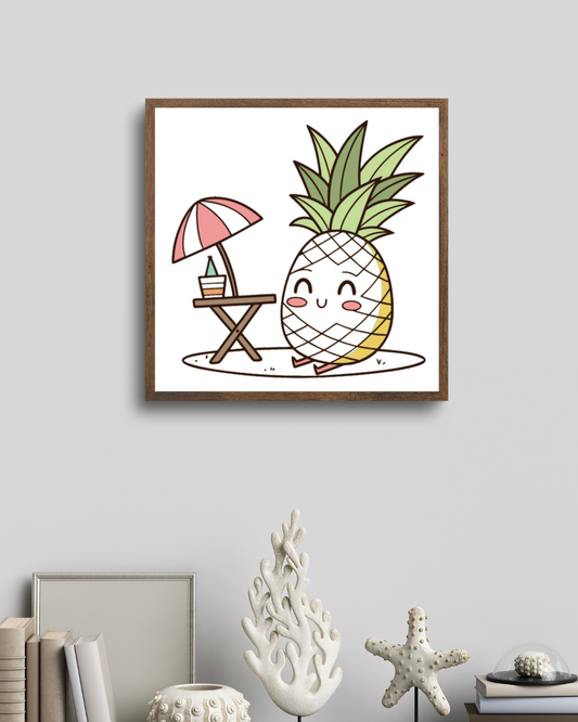 Cadre avec ananas kawaii en design estival et détente tropicale