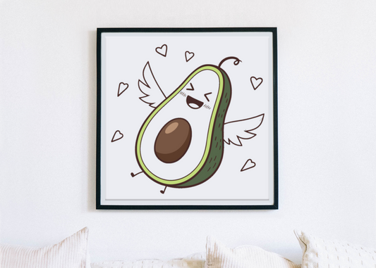 Cadre décoratif avec un avocat kawaii, ailes souriantes dans un style gourmand