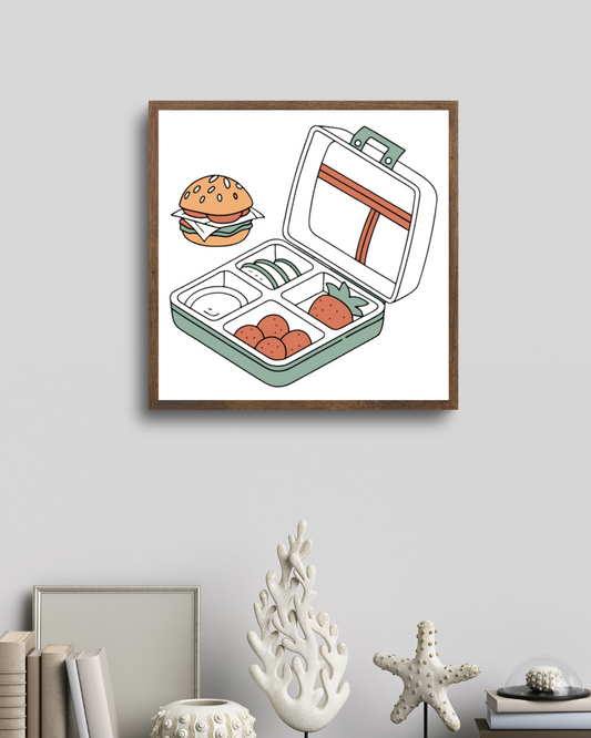 Cadre décoratif pastel avec motif numérique de lunch box school