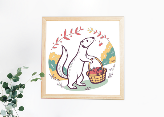 Cadre automnal avec belette joyeuse portant un panier de pommes stylisé doux