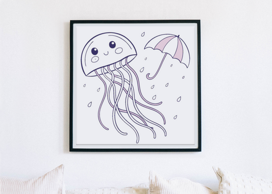 Cadre décoratif représentant des méduses joyeuses sous une pluie stylisée