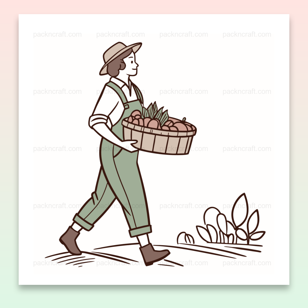 Illustration vintage de fermière portant des légumes frais, Design pour t-shirts: Fermière joyeuse avec des légumes, Décoration murale: Art SVG de fermière et légumes, Tasse personnalisée: Fermière et panier de légumes, Sticker rétro de fermière souriante portant des légumes